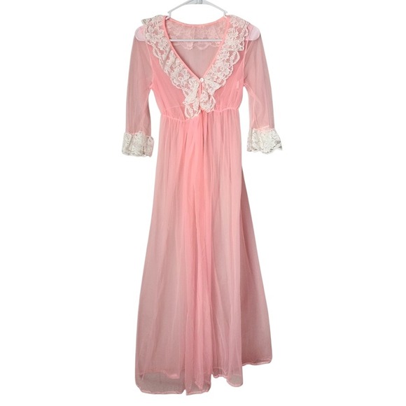 BERKLIFF Pink Sheer Nylon Lace Trim Maxi Peignoir Robe 70s Cottagecore Lingerie‎